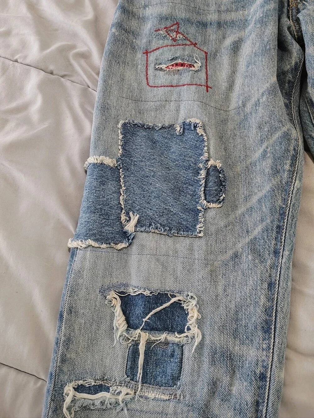 Polo Ralph Lauren Varick Slim 32x32 Distressed Patchwork Light Wash Jeans